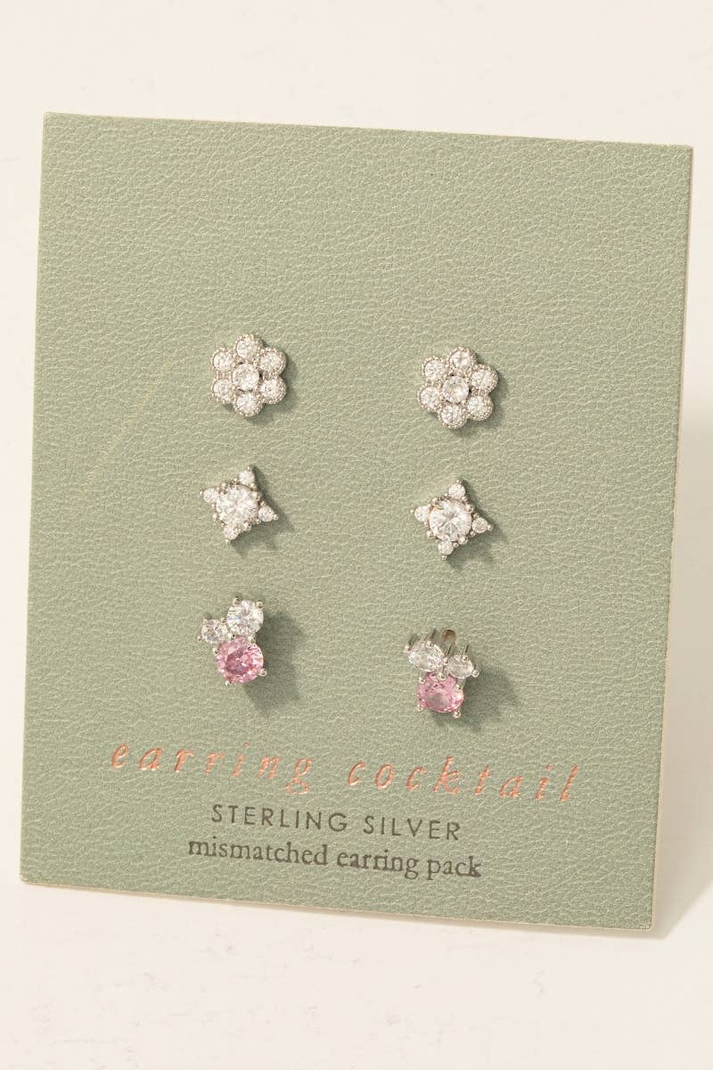 3 Pair Sterling Silver Cz Pave Stud Earrings Set