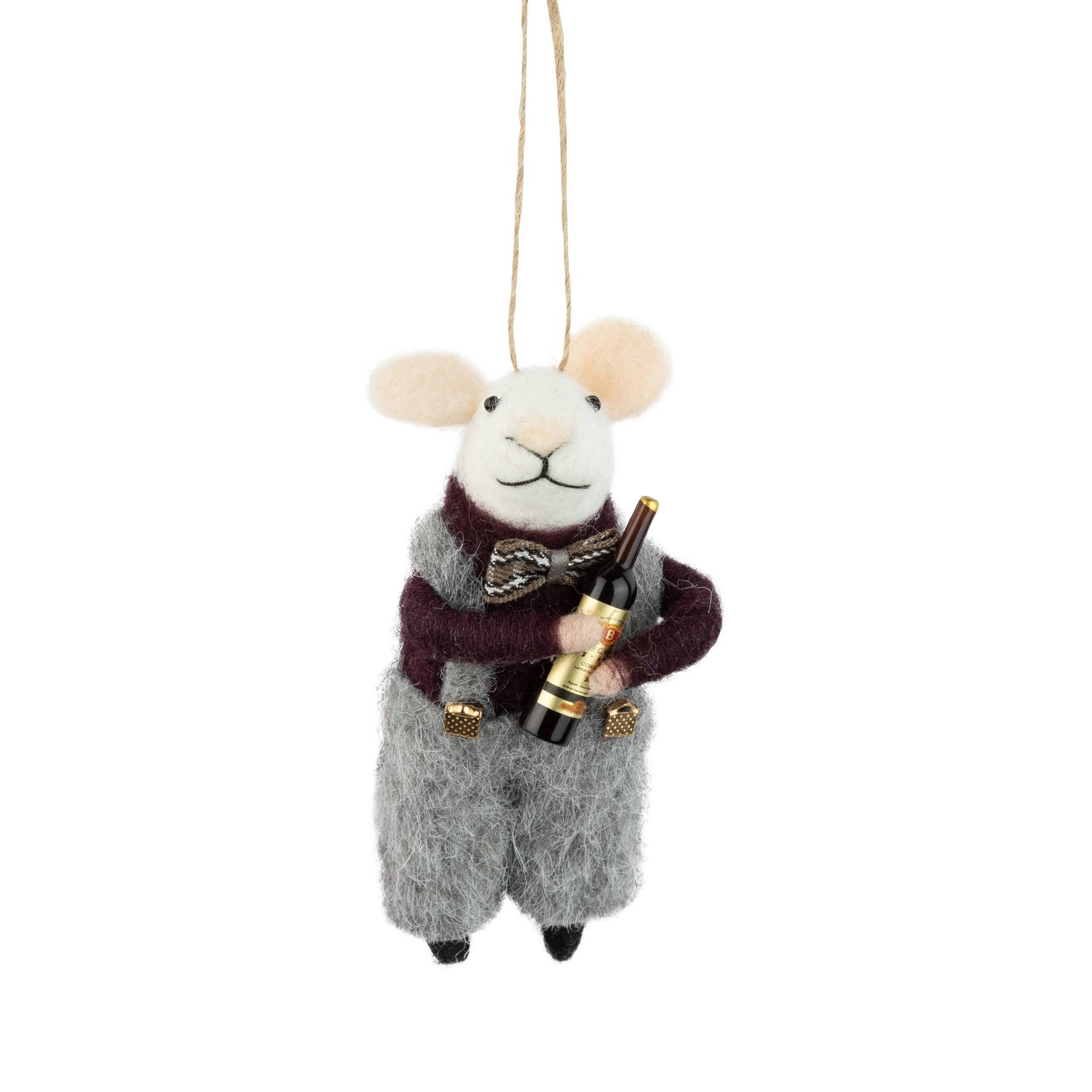 Felt Mouse Ornament: Felt white mouse in festive outfit & wine bottle
