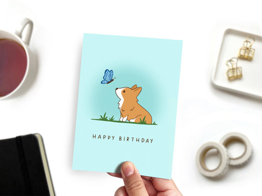 Corgi Butterfly Birthday Greeting Card