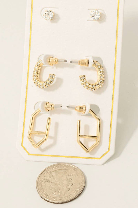 Mixed Pave Hoop And Stud Earrings Set