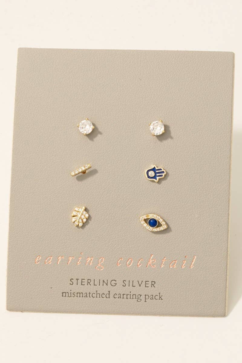Sterling Silver Mini Hamsa Eye Stud Earrings Set