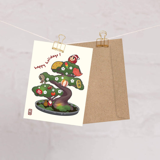 Japanese Bonsai Christmas Tree | Cute Happy Holiday Greeting Card