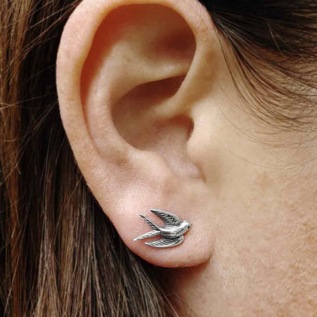 Sterling Silver or Bronze Swallow Post Earrings 9x11mm