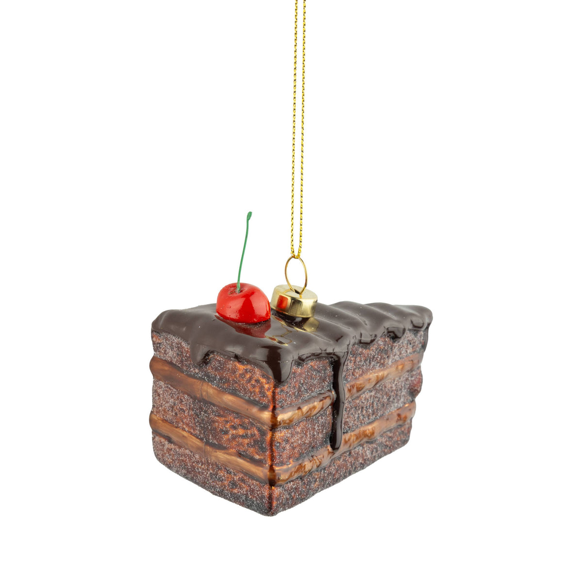 A17715:Glass piece of chocolate cake orn, cherry, 3.25 in
