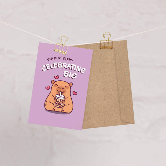 Celebrating Big Funny Birthday Card | Cute Capybara Milk Tea Boba