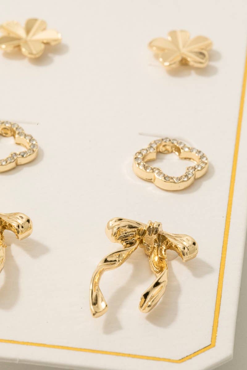 Flower Bow And Pave Clover Stud Earrings Set