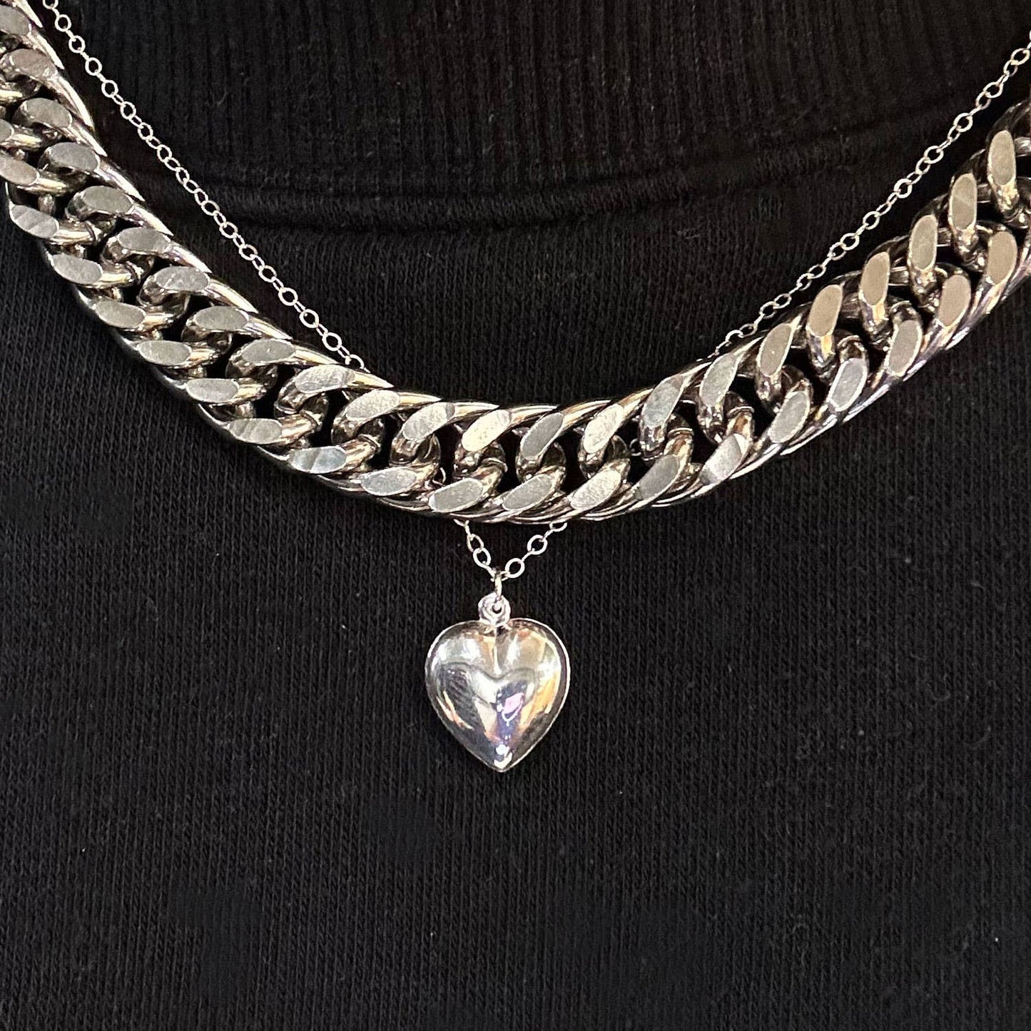 Chunky Heart Chain Necklace Set Silver Charm Pendant