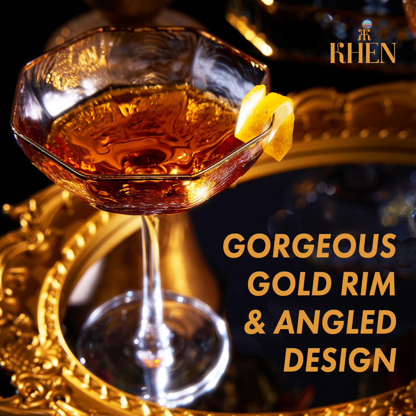 Crystal Coupe Gold Rim Hexagonal Angled | Set of 4 | 6oz