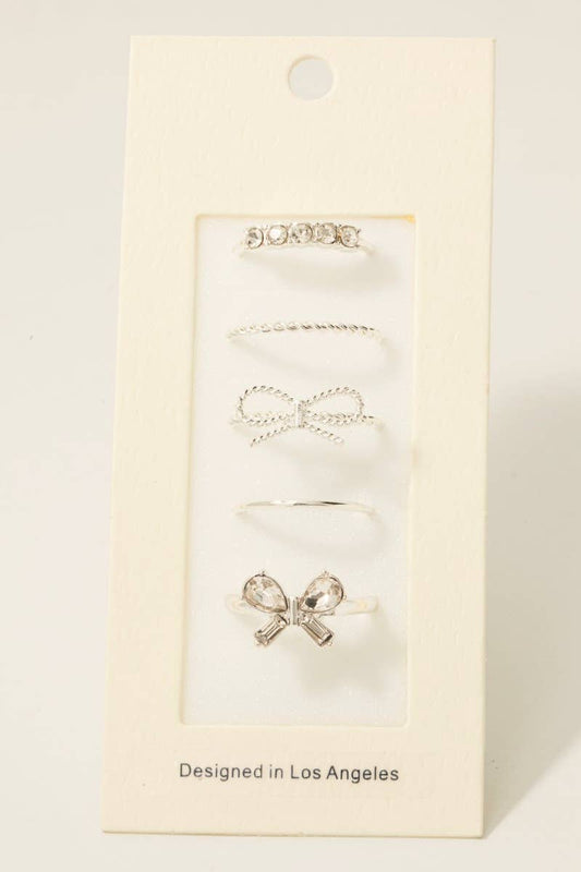5Pc Dainty Rhinestone Bow Band Rings Set