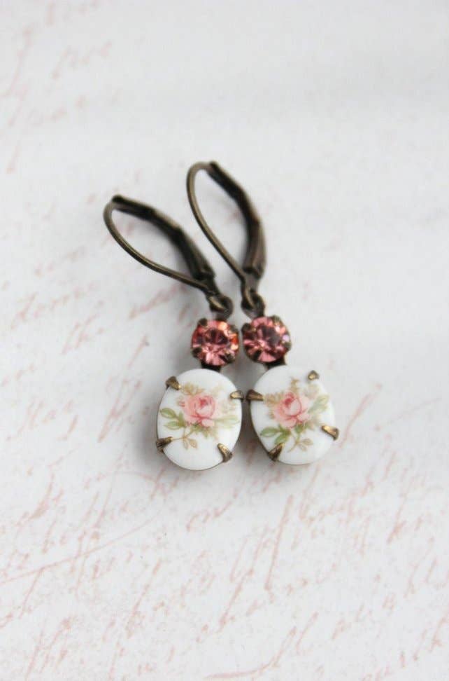 Vintage Style | Flower Cameo Earrings | Pink Rose Earrings