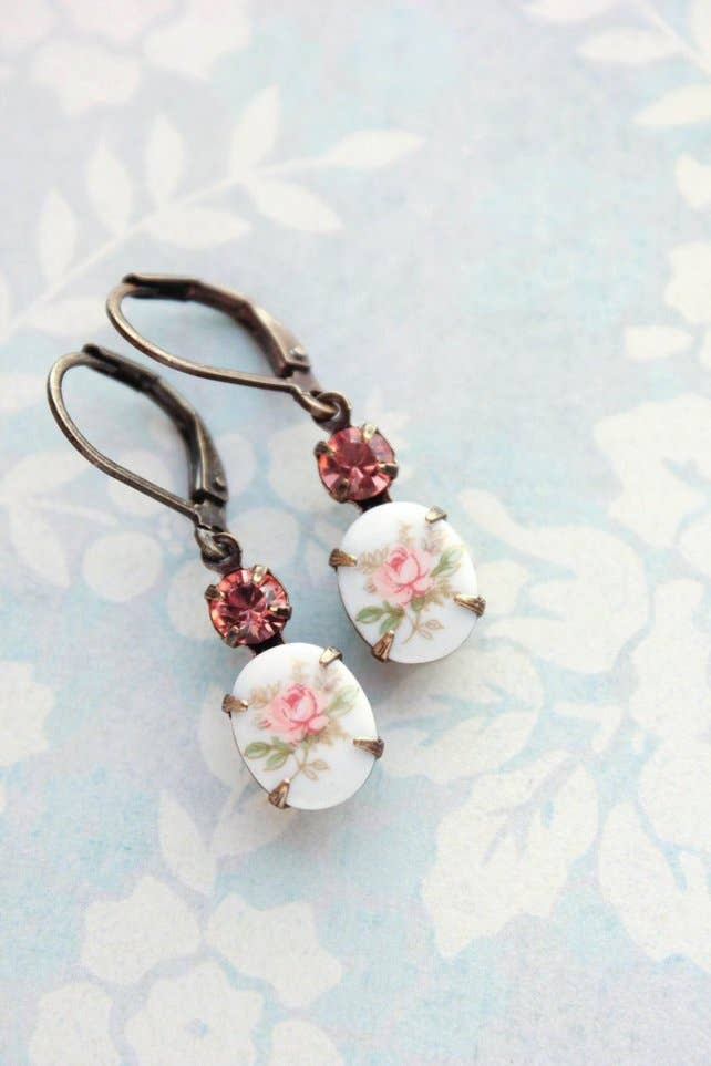 Vintage Style | Flower Cameo Earrings | Pink Rose Earrings