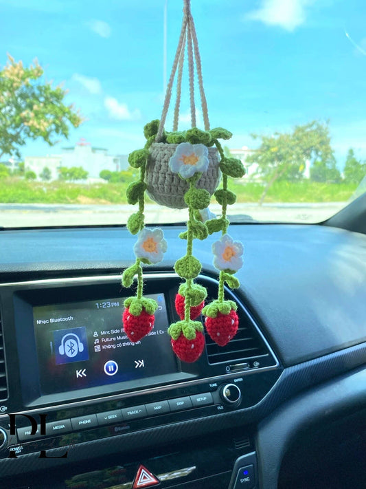 Handmade Crochet Strawberry Plant Pot, Car Mirror Hanging
