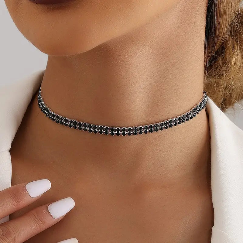 Double Row Black Rhinestone Choker Necklace
