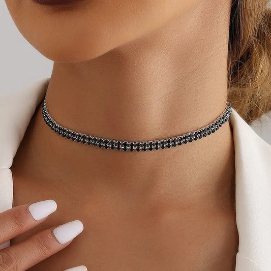 Double Row Black Rhinestone Choker Necklace