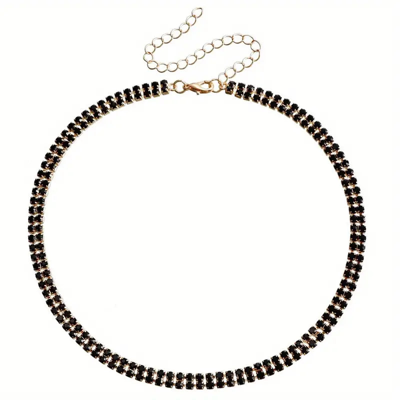 Double Row Black Rhinestone Choker Necklace