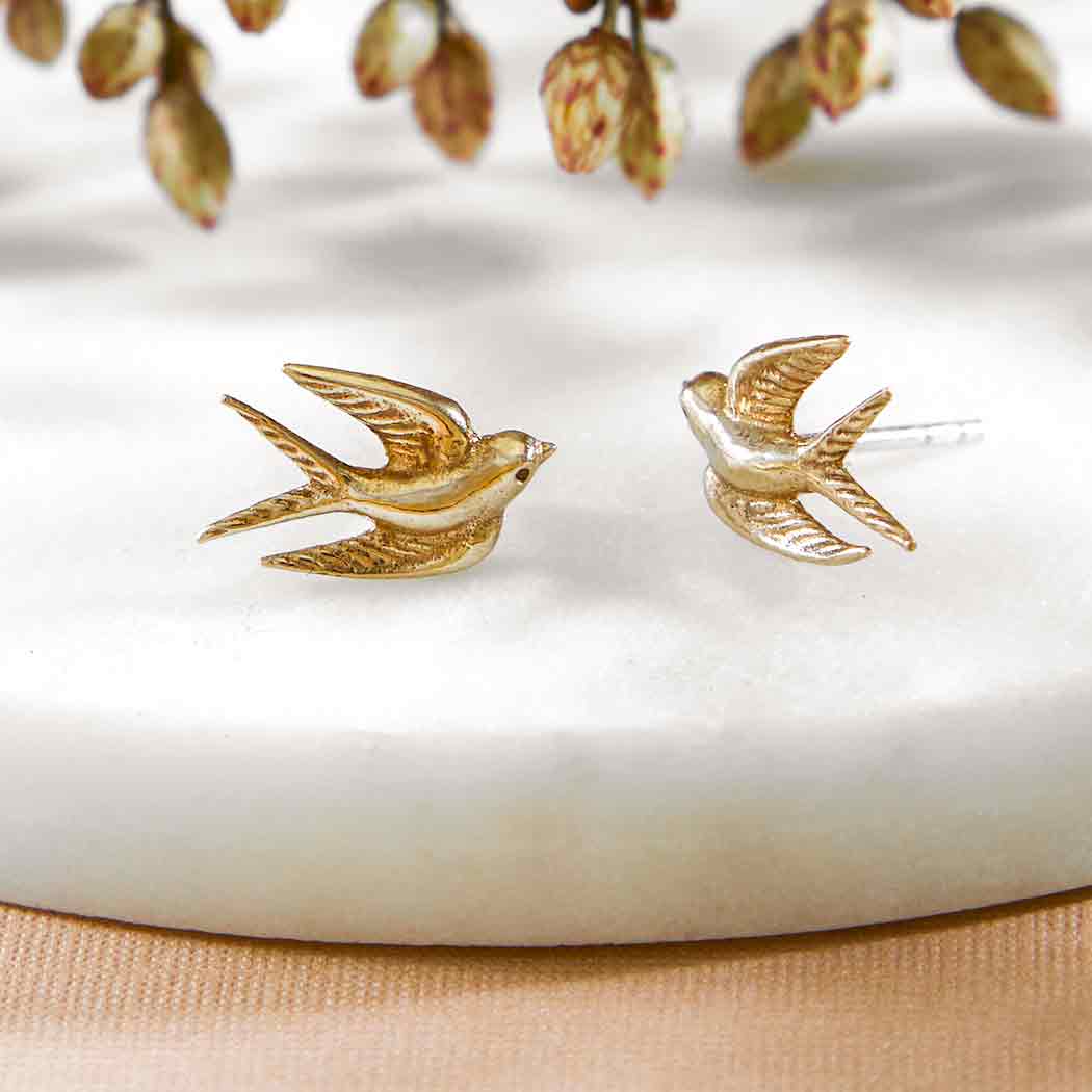Sterling Silver or Bronze Swallow Post Earrings 9x11mm