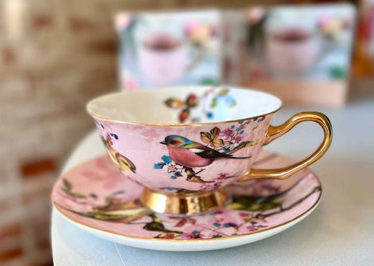 Blush Pink and Gold with Birds Teacup and Saucer