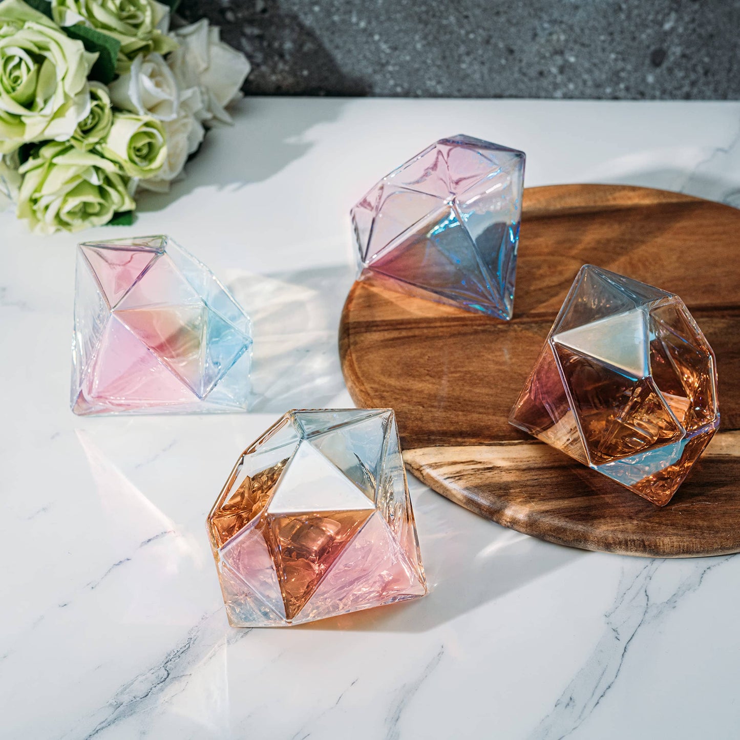 Set of 4 Iridescent Diamond Whiskey & Wine Glasses 10oz