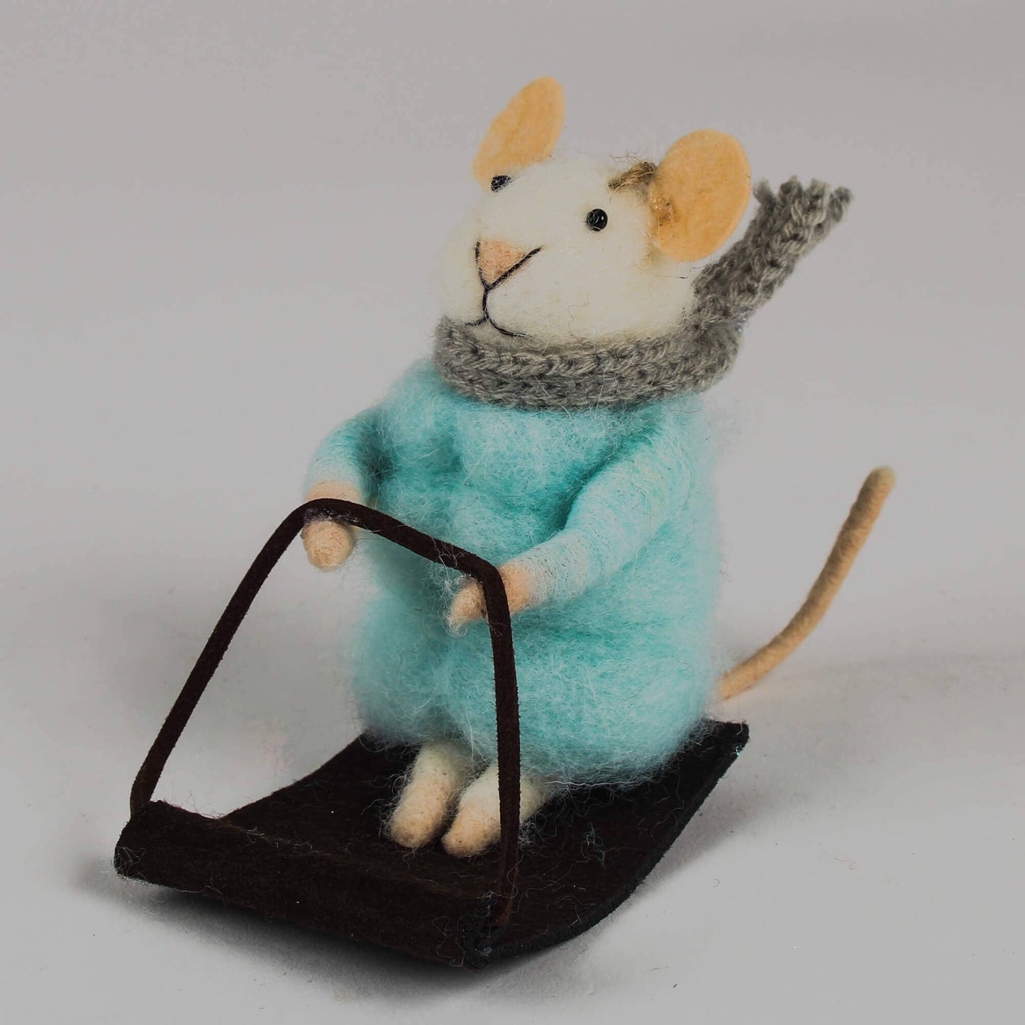 Felt Mouse Ornament: On Sledge Wearing Puffa Jacket