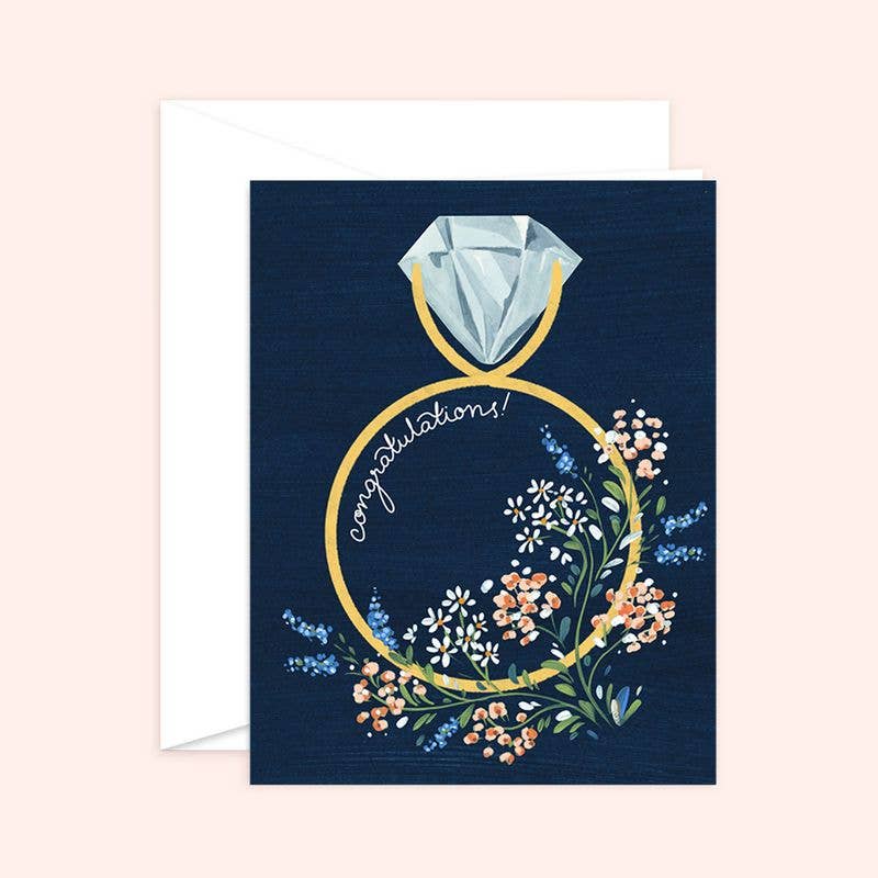 Navy Floral Congratulations Ring Engagement Card
