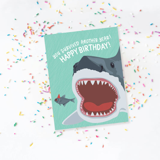 Survived Another Year Funny Shark Birthday Card