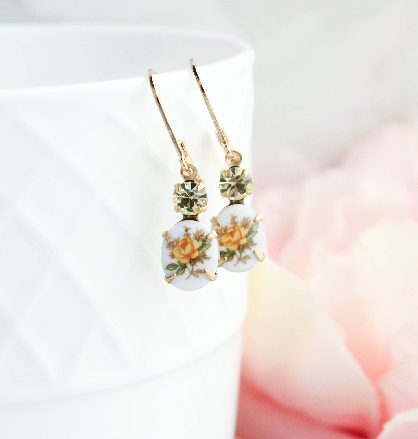 Small Oval Cameo Earrings - Vintage Glass - Yellow Rose