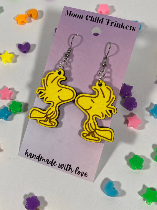 Cartoon Comic Yellow Bird Hand Painted Wood Dangle Earrings