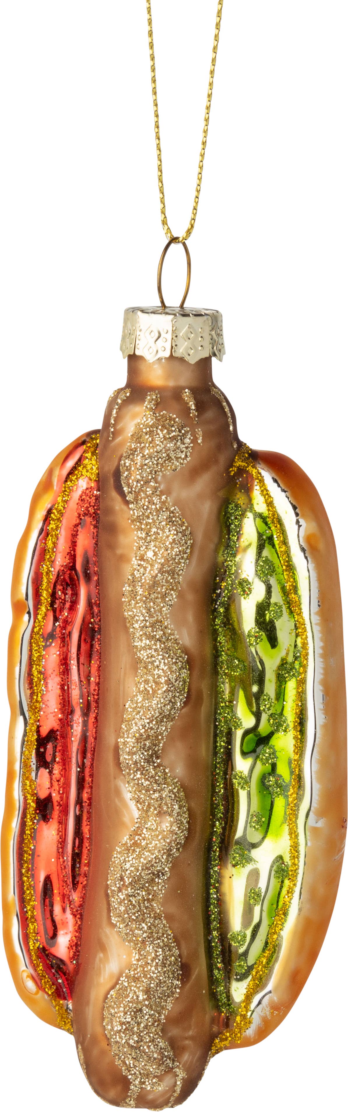 Glass hot dog ornament, 4 in