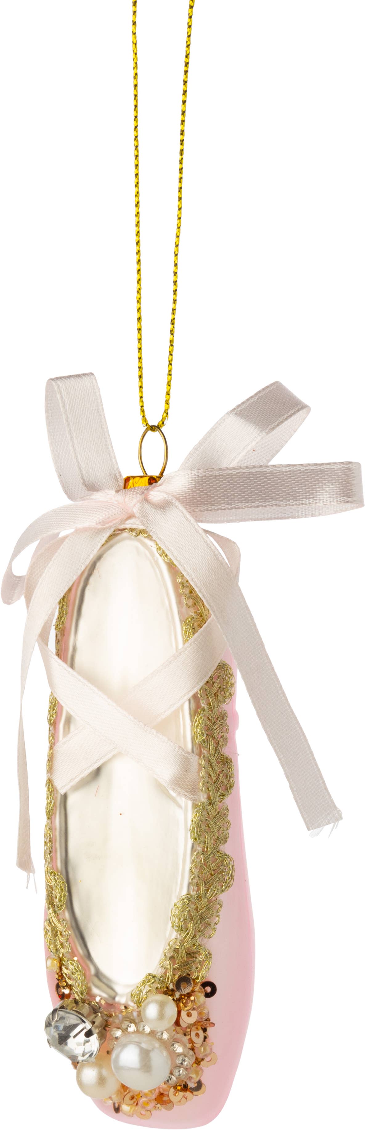 Glass pair of ballet slippers ornament, pearl detail and ribbon topper