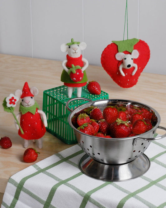 A12864: White felt mouse in red strawberry ornament, 5 in