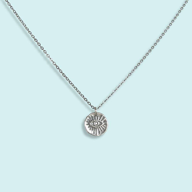 Sterling Silver Evil Eye Hammered Medallion Necklace
