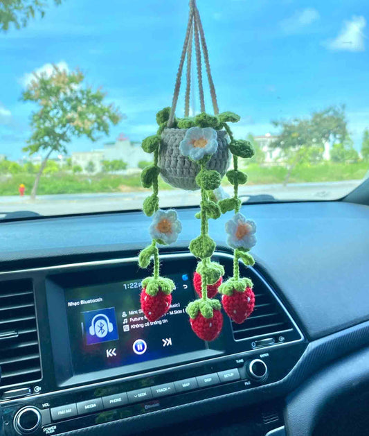 Handmade Crochet Strawberry Plant Pot, Car Mirror Hanging