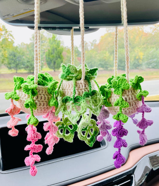 Crochet Flowers Car Hanging Plant, Rearview Mirror Decor