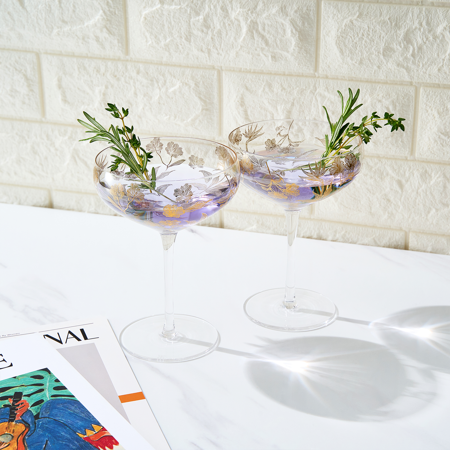 Khen Vintage Gold Floral Decal Champagne Coupe Set of 2 13oz