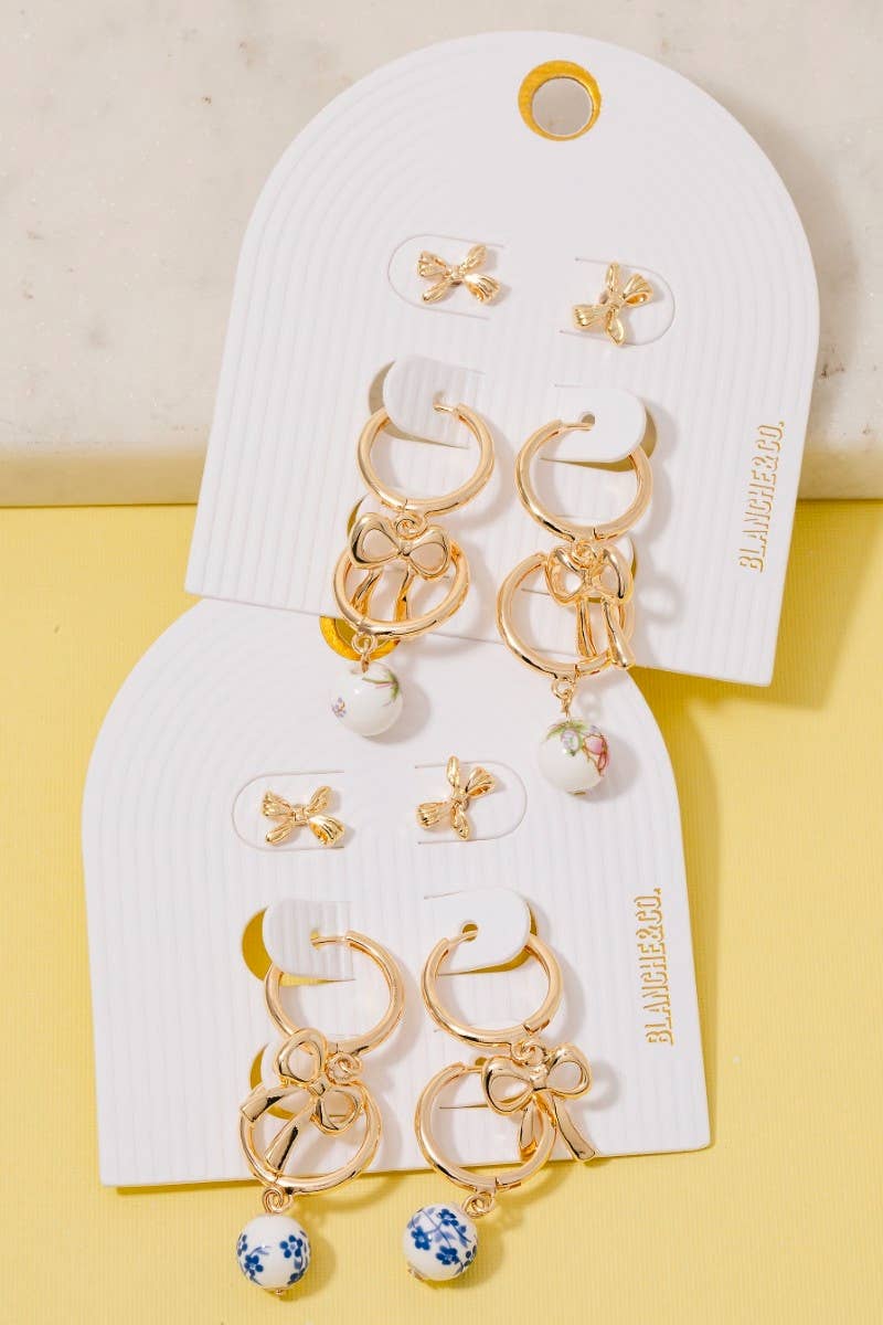 Floral Ceramic Bead And Bow Mixed Earrings Set