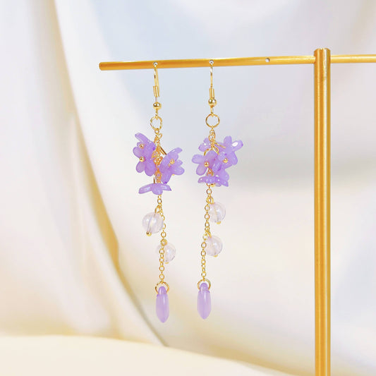 E195 purple lily flower long dangle beads earrings