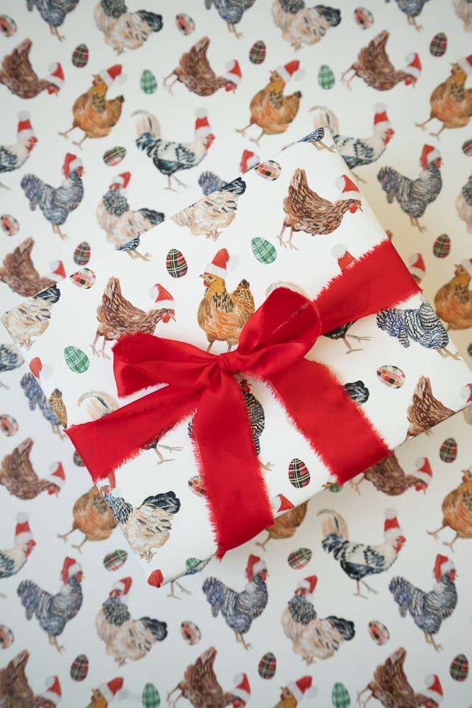 Christmas Chickens in Santa Hats Single Sheet Gift Wrap
