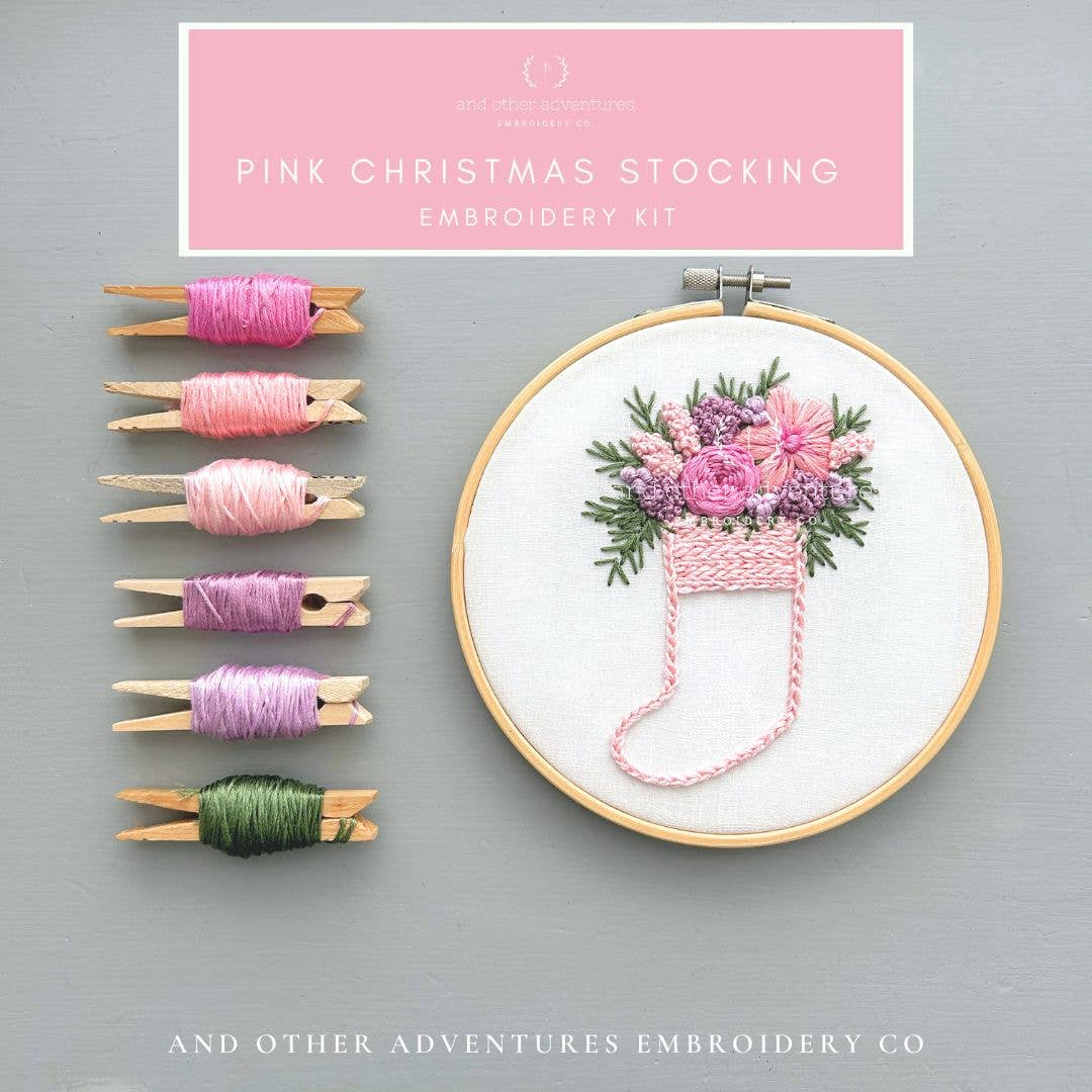 Hand Embroidery Kit - Pink Christmas Stocking