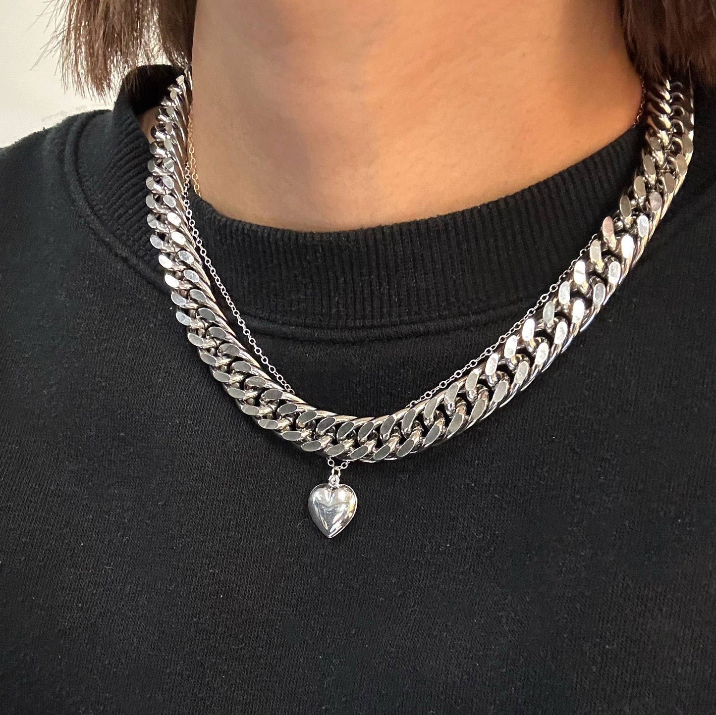 Chunky Heart Chain Necklace Set Silver Charm Pendant