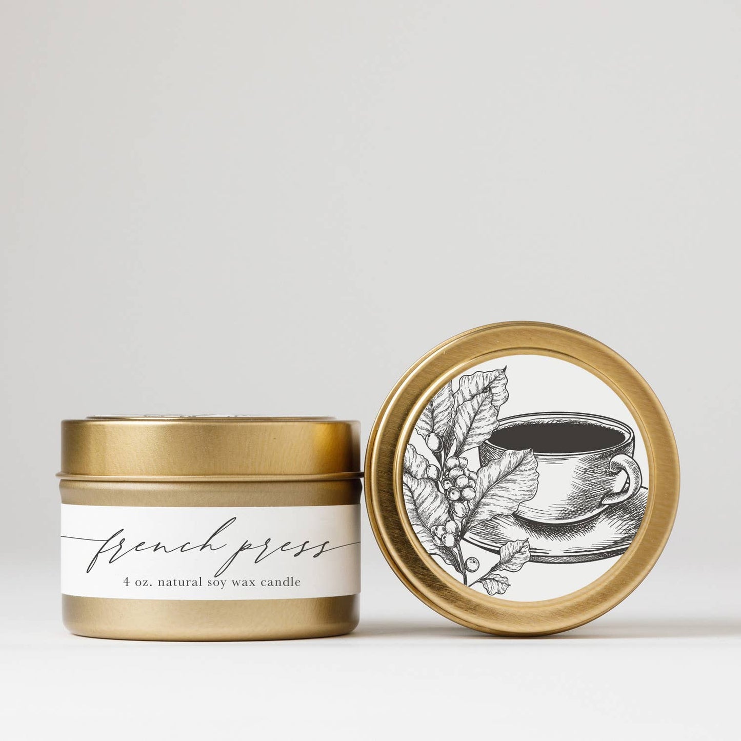 French Press : Tin Soy Candle ( fall cozy winter coffee )