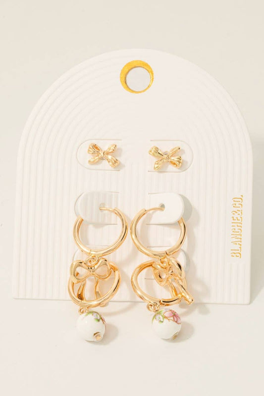 Floral Ceramic Bead And Bow Mixed Earrings Set
