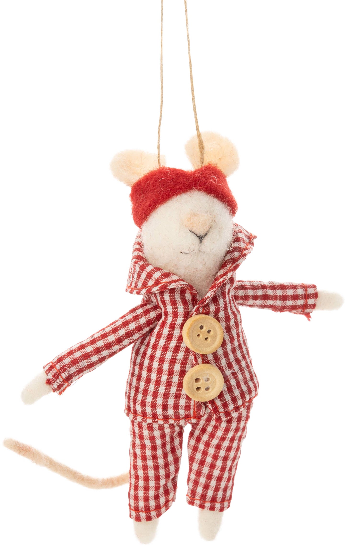 Felt Mouse Ornament:  Mouse with red gingham jammie and sleep mask