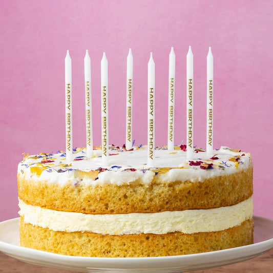 White & Gold 'Happy Birthday' Candles | 24 Pack |