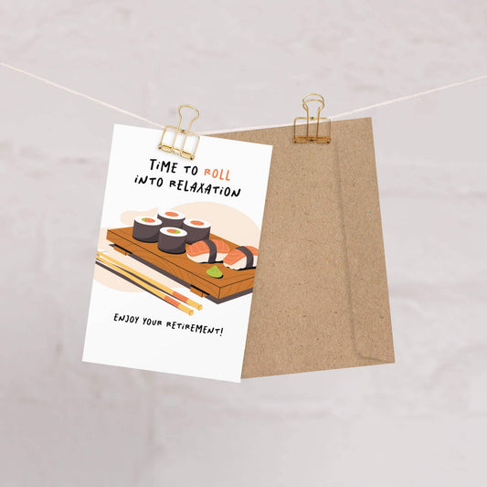 Time to Roll Funny Retirement Cards | Japanese Maki Sushi Nigiri Food Greetings