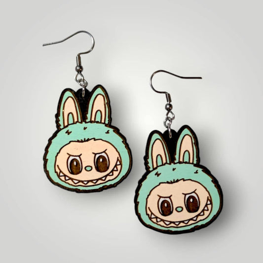 Labubu Monster Head Hand Painted Wood Earrings