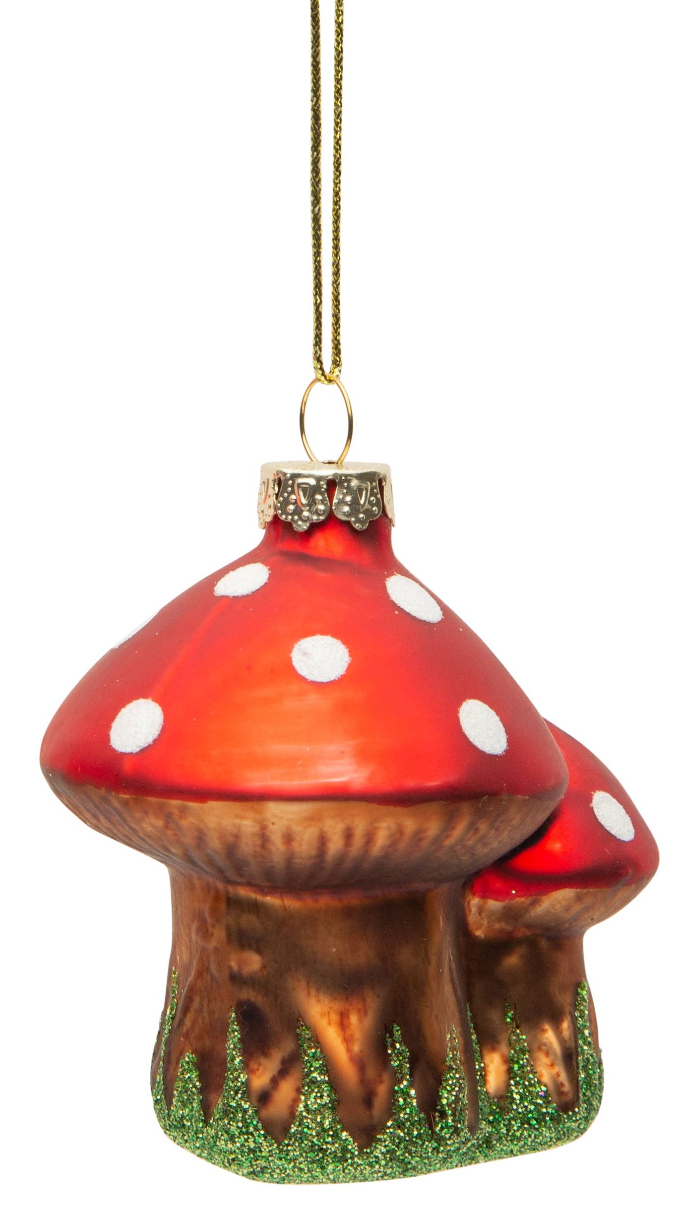 Blown glass double mushroom ornament, woodland base.
