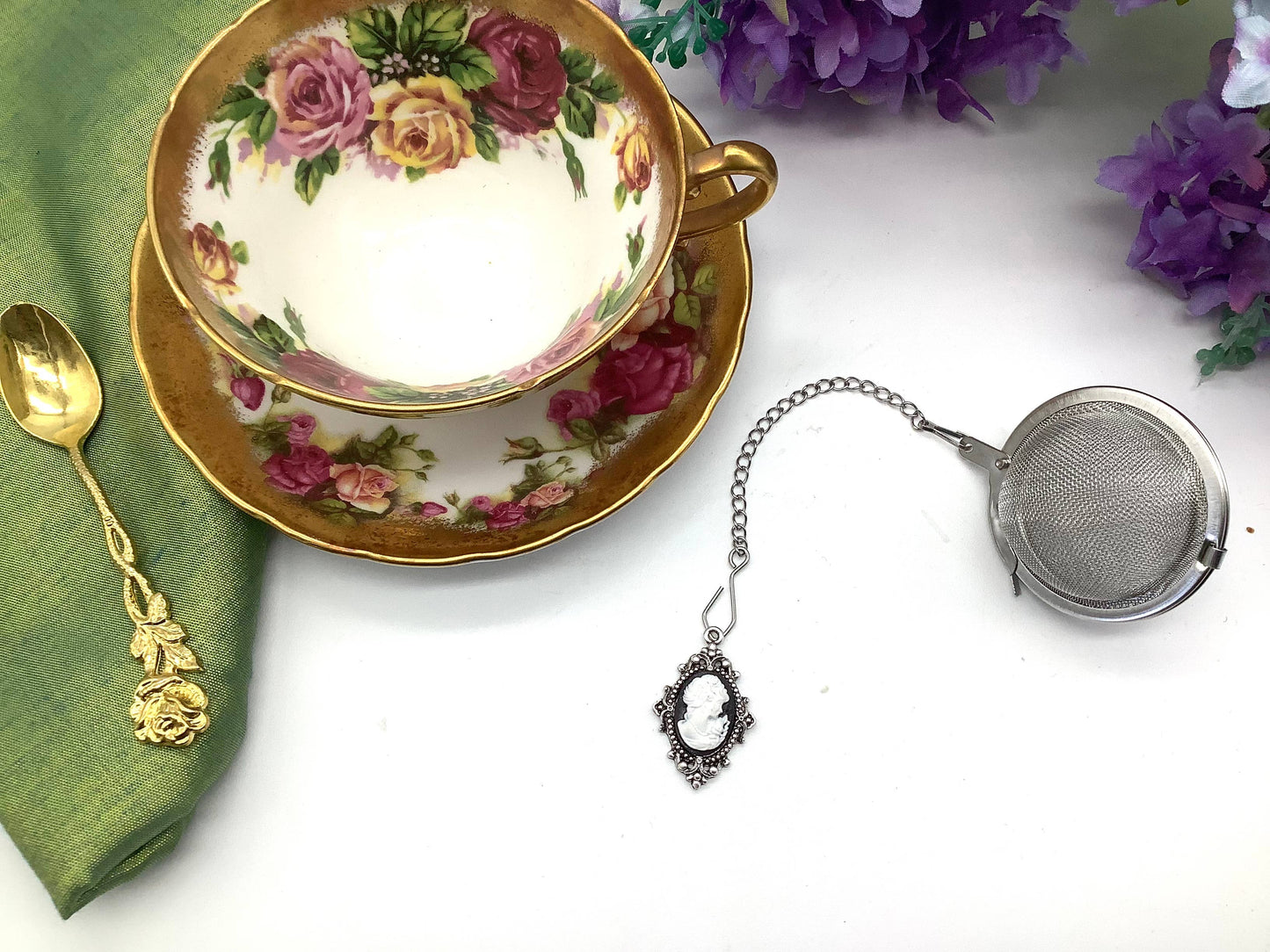 Tea Ball Infuser Victorian Regency Era Vintage Cameo Pink