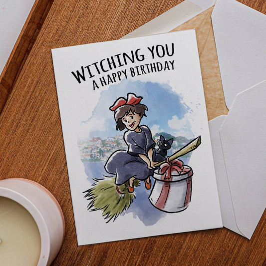 "Witching You" Young Witch Broom Anime Birthday Card