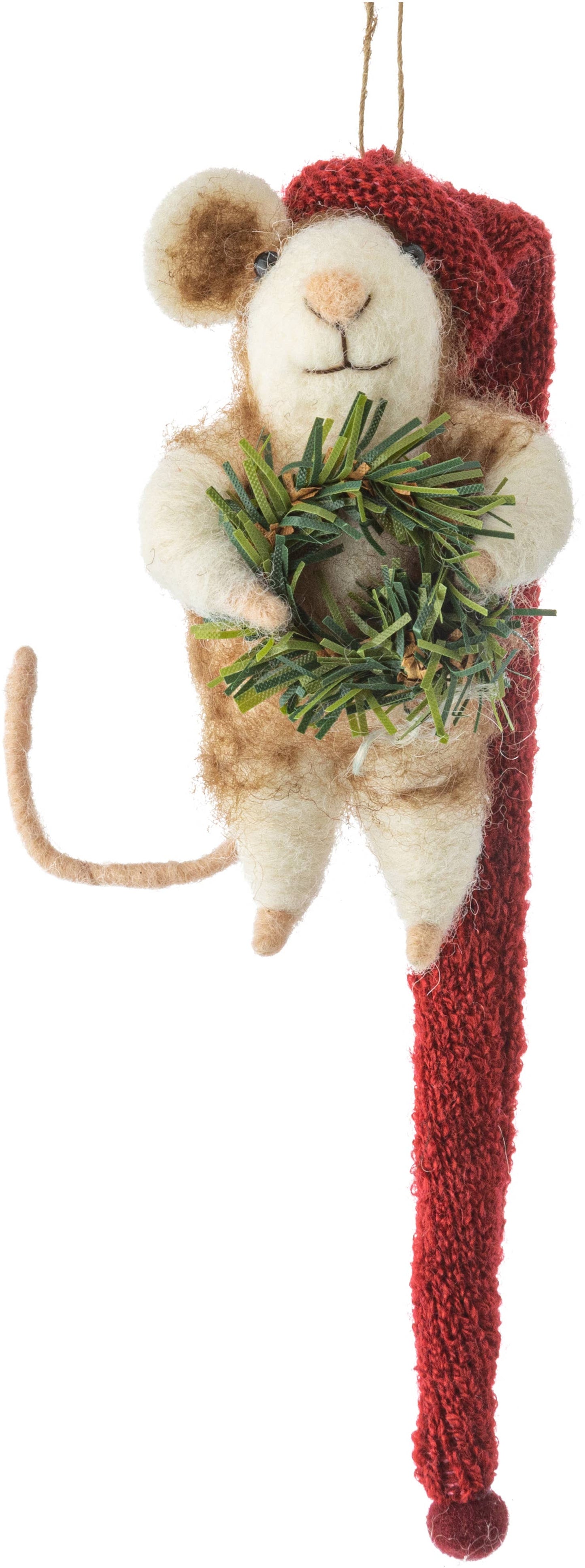 Felt Mouse Ornament: Mouse with long red knit Santa hat holding wreath