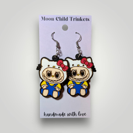 Kitty Labubu Hand Painted Wood Dangle Earrings